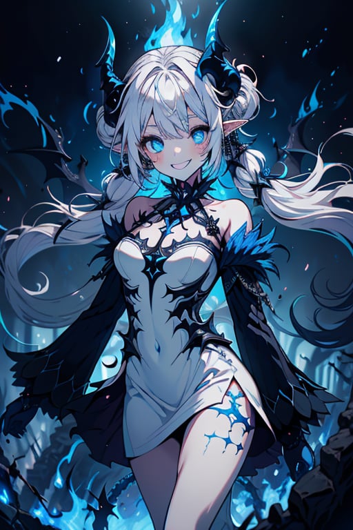 white hair, deep blue eyes, aura of dark power, the primordial of the underworld, goddess of flames, sadistic, pointed ears, white dress with blue edges, right hand of lucifer, primal goddess, masterpiece, very good quality, excellent quality , perfect face, small breasts, evil smile, egocentric, eyes with blue flames, horns, long sleeve, miniskirt, gothic, two pigtails, emanates the power of destruction
