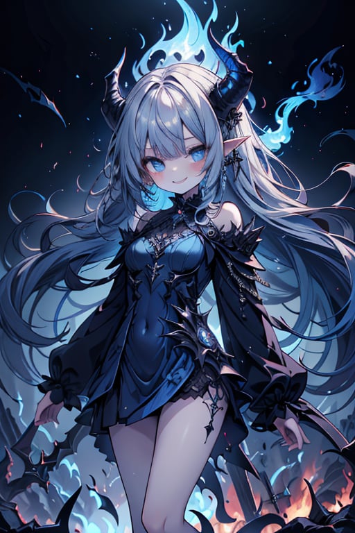 blue hair, deep blue eyes, aura of dark power, the primordial of the underworld, goddess of flames, sadistic, pointed ears, blue dress with white edges, right hand of lucifer, primordial goddess, masterpiece, very good quality, excellent quality , perfect face, small breasts, evil smile, egocentric, eyes with blue flames, horns, long sleeve, miniskirt, gothic, very long hair, emanates the power of destruction, adult, clothes burning with blue fire

