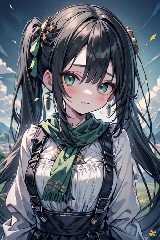 She is a woman of immeasurable beauty, black hair, green scarf, teenager, green eyes, gesticulated look, happy, egocentric, beautiful clothes, a masterpiece, detailed, high quality, very high resolution, peasant clothes , perfect face, poor, overalls, masterpiece, good quality, excellent quality, hair in a Two ponytail, headscarflittle girl, loli, young girl, narcissistic, contemptuous smile, egocentric, busty loli, medium breasts
loli, little girl, young girl, field.

