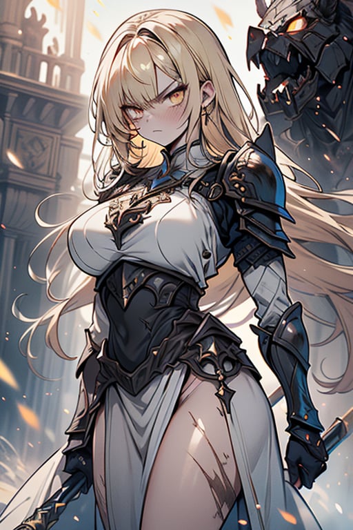 blonde, golden eyes, angry look, long hair, desert knight, hates magic, candys a long elegant white tunic, armor on her hands, legs and arms, gray and white dress, appearance of a warrior, strong woman, scars all over the body, golden eyes, perfect face, very good quality, masterpiece, excellent quality.
