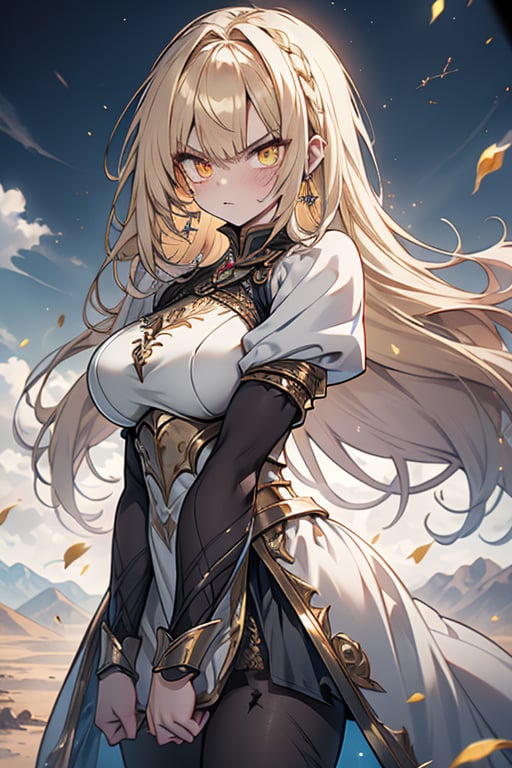 blonde, golden eyes, angry look, long hair, desert knight, hates magic, candys a long elegant white tunic, armor on her hands, legs and arms, gray and white dress, appearance of a warrior, strong woman, scars all over the body, golden eyes, perfect face, very good quality, masterpiece, excellent quality,yellow eyes,blonde hair, black pantyhose
