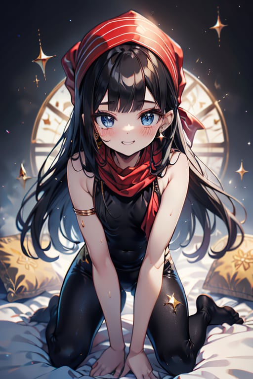 black hair, blue eyes, yellow babydoll with black edges, a red bandana with gold stripes, the edges have small gold touches, friendly face, a black spandex that covers her entire body, headscarf, killer, happy smile, bangs, masterpiece, star earrings, detailed, high quality, absurd, the strongest human of all, bearer of the world's hope, black lycra, masterpiece, excellent quality, excellent quality, perfect face, long hair, sexy pose, bed
