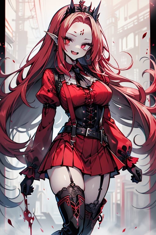 an arrogant woman, blonde, cold-blooded murderer, the final enemy of this world, medium breasts, pointed ears, vampire, eyes red like blood, smiling mischievously, red bowtie scarf, red suit with skirt with black borders, black crosses on his forehead, very pale skin, high_resolution, best quality, extremely detailed, HD, 8K, 1 girl, solo, sexy_figure, hot, 170 cm, tall_girl, LONG HAIR, DIAMOND THROAT, BLACK ASCOT, SEPARATED NECK, CENTER Ruffles, RED DRESS, RED SEPARATED SLEEVES, RED BELT, SKIRT WHITE, RED THIGH BOOTS, RED SUSPENDERS.TIARA,She represents death, the false goddess of putrefaction.

