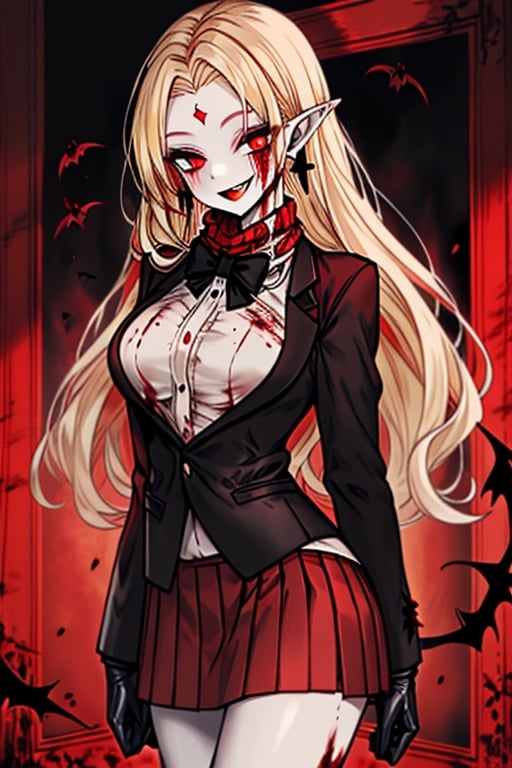 an arrogant woman, blonde, cold-blooded murderer, the final enemy of this world, medium breasts, pointed ears, vampire, eyes red like blood, smiling mischievously, red bowtie scarf, red suit with skirt with black borders, black crosses on his forehead, very pale skin.
,Baobhan