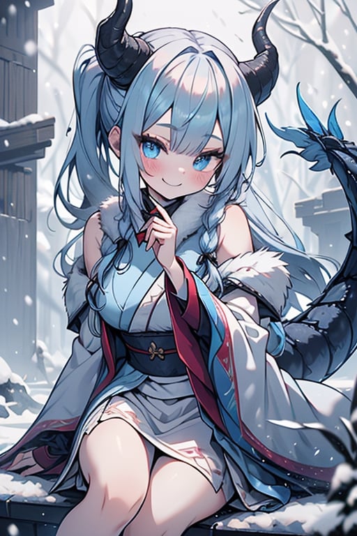 light blue hair, blue eyes, dragon horns, sorceress, magician's tunic, snow coat, smiling, mischievous, capricious, spoiled, pampered, white kimono, gadget sorceress, long hair up, long white skirt, good quality , masterpiece, excellent quality, perfect face, dragon tail.
