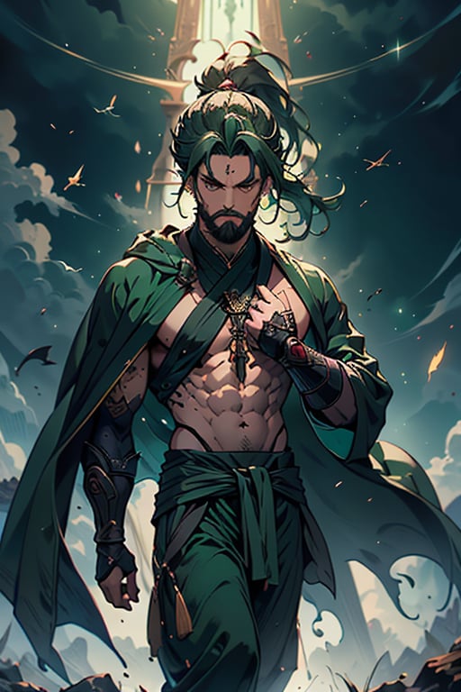 dark green hair, green eyes, hair in a ponytail, Buddhist, man, green robe, wide priest's pants, the strongest creature of all, the one sent by God, the shapeshifter, defined abdomen, masterpiece, perfect face, very good Quality, excellent quality, the warrior of the true gods, serious, monk,1boy, beard
