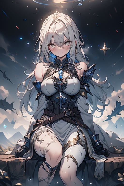 blonde, golden eyes, angry look, long hair, desert knight, hates magic, silver sword that reflects a blue color that traps magic, genie, white dress that reaches to her thighs, armor on her hands, legs and arms , gray and white Dress, Warrior appearance, warrior, strong woman, scars all over the body, shiny magical metal armor, Black metal breastplate, belt with a blue crystal in its center.
