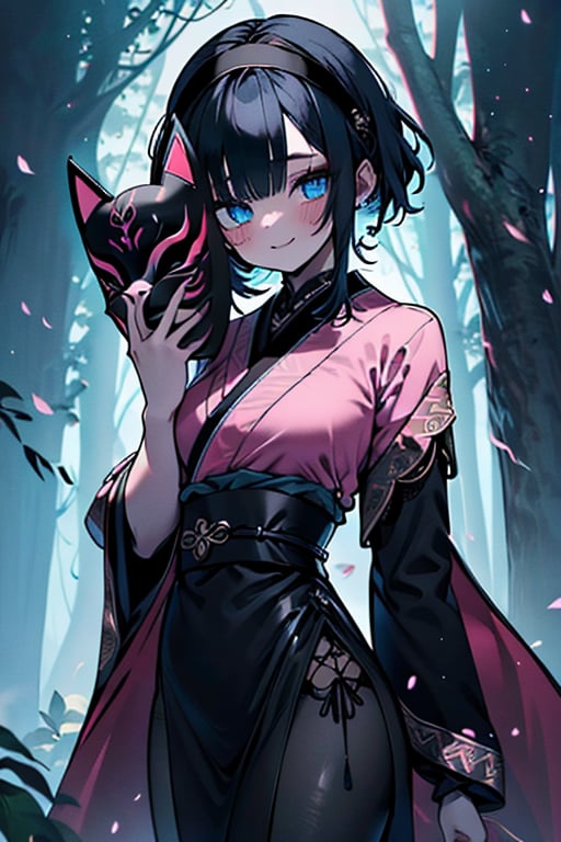 dark blue hair, blue eyes, pink kimono outfit with black edges, friendly face, a black spandex that covers his entire body, headscarf, killer, happy smile, bangs, in the forest at night, masterpiece, detailed, high quality, absurd, the strongest human of all, bringer of the world's hope, short hair, black lycra, black pantyhouse, masterpiece, excellent quality, excellent quality, perfect face, medium breasts,mask on hand, (fox mask, mask on the hand, put on mask)
