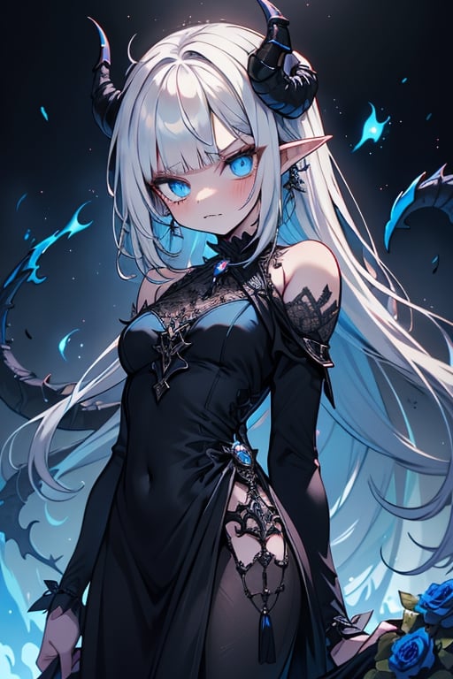 white hair, deep blue eyes, aura of dark power, the most powerful being in the world, queen of darkness, lost look, pointed ears, black dress with blue edges, killer of gods, the one who killed Lucifer, incarnation of the gods dragons, masterpiece, very good quality, excellent quality, perfect face, small breasts, serious face, dazed, calm, kuudere, eyes with blue flames, looking down, as if on top of the world, horns, vampire fangs . , fake goddess, bare shoulders, long skirt, gothic, Mullet Bangs, staring, sad expression, blue roses in her hair and her dress.

