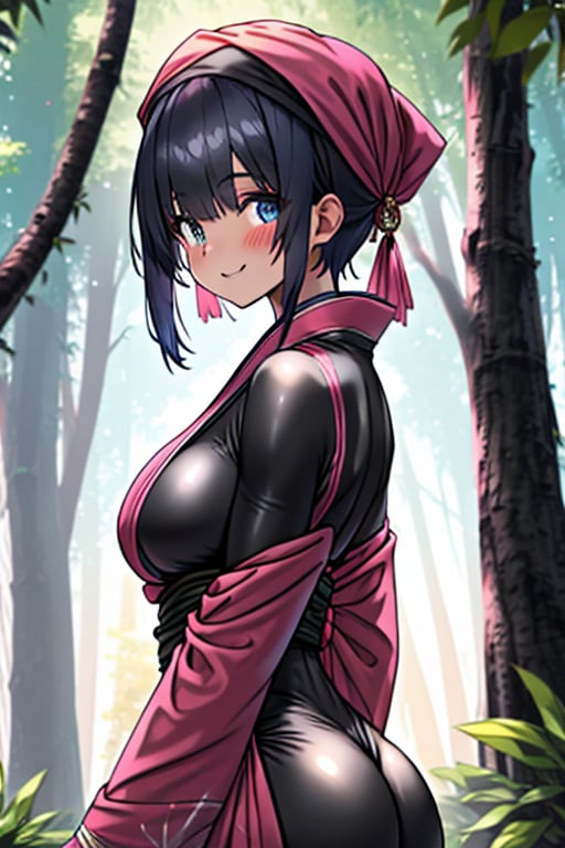 dark blue hair,  blue eyes,  pink kimono outfit with black edges by Endelot on Tensor.Art