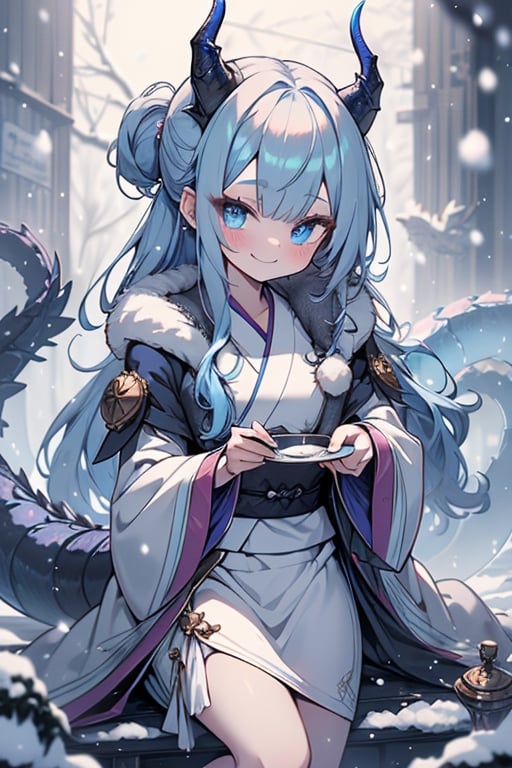 light blue hair, blue eyes, dragon horns, sorceress, magician's tunic, snow coat, smiling, mischievous, capricious, spoiled, pampered, white kimono, gadget sorceress, long hair up, long white skirt, good quality , masterpiece, excellent quality, perfect face, dragon tail.
