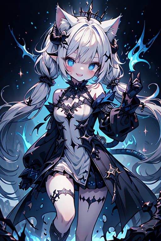 white hair, deep blue eyes, aura of dark power, the primordial of the underworld, goddess of flames, sadist, cat ears, cat tail, white dress with blue edges, right hand of lucifer, primordial goddess, masterpiece, very good quality, excellent quality, perfect face, small breasts, evil smile, egocentric, eyes with blue flames, horns, long sleeve, miniskirt, gothic, two pigtails, emanates the power of destruction, loli, small woman

