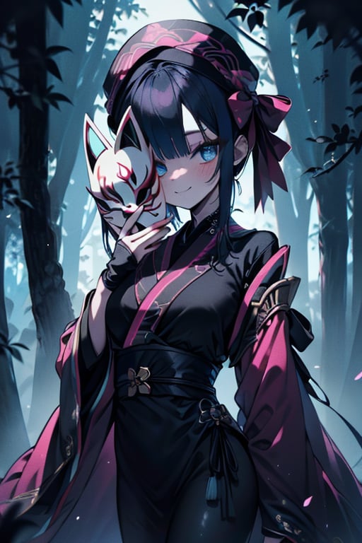 dark blue hair,  blue eyes,  pink kimono outfit with black edges by Endelot on Tensor.Art