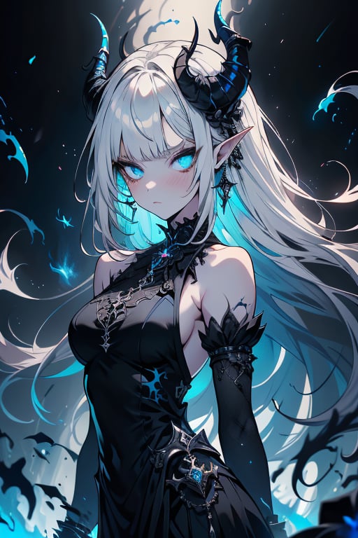 white hair, deep blue eyes, aura of dark power, the most powerful being in the world, queen of darkness, lost look, pointed ears, black dress with blue edges, killer of gods, the one who killed Lucifer, incarnation of the gods dragons, masterpiece, very good quality, excellent quality, perfect face, small breasts, serious face, dazed, calm, kuudere, eyes with blue flames, looking down, as if on top of the world, horns, fake goddess, bare shoulders, long skirt, gothic, Mullet Bangs, staring, sad expression, blue roses in her hair and her dress,emanates the power of chaos within her,black sclera.
