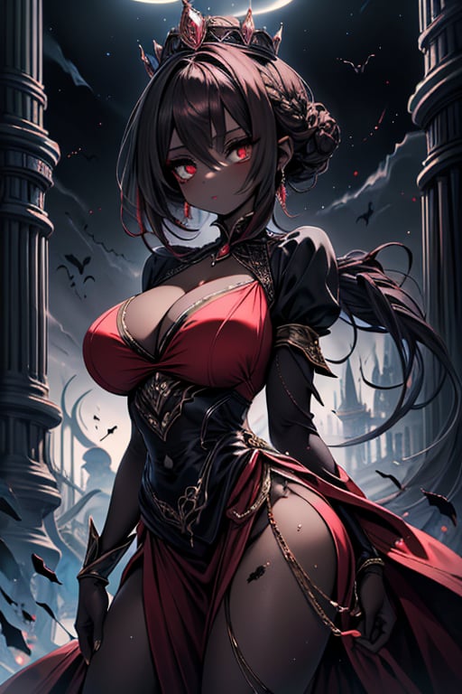 The queen of the abyss, queen costume, dark red hair, short hair, long dress close to the body, black eyes, the fastest woman in the world, tall, powerful, crown, the supreme empress, masterpiece, good quality, excellent quality , good resolution. Penetrating, expressive eyes and an athletic, powerful figure that reflects her skill in combat, pure darkness, alone, she is the darkness, the night, no light is seen, dark room, skin gray as ash, dark skin.
