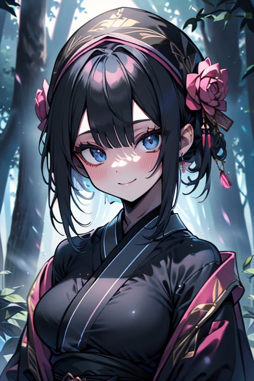 dark blue hair,  blue eyes,  pink kimono outfit with black edges by Endelot on Tensor.Art