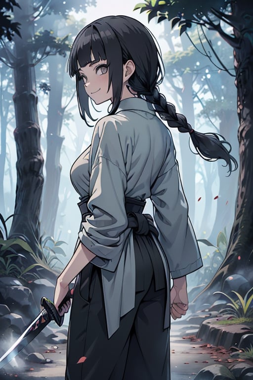 kind woman, black hair, medium hair, hair in braid down to her back, a single braid, dirty clothes, warrior, beast tamer, the killer of gods, black eyes, old clothes, alone, forest, kind smile, innocent, breasts small, tall woman, amazon, samurai, gray kimono jacket ideal for combat, wide pants, happy, friendly, good person, katanas sheathed at her waist, masterpiece, good quality, swords well positioned at her waist, good hands, aquamarine belt.



,hinata(boruto)