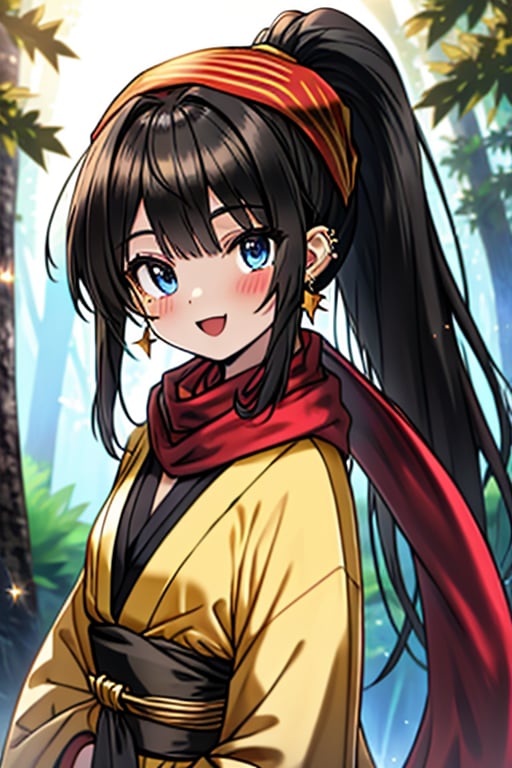 black hair, blue eyes, yellow Kimono
 outfit with black edges, a red scarf with gold stripes, the edges have small golden touches, friendly face, a black spandex that covers her entire body, headscarf, killer, happy smile , bangs, in the forest at night, masterpiece, star earrings, detailed, high quality, absurd, the strongest human of all, bringer of the world's hope, hair in ponytail,black lycra, masterpiece, excellent quality, excellent quality, perfect face.

