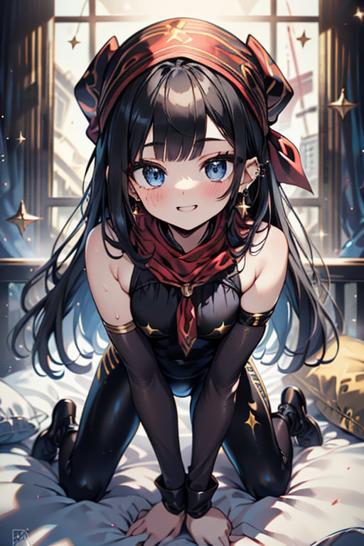 black hair, blue eyes, yellow babydoll with black edges, a red bandana with gold stripes, the edges have small gold touches, friendly face, a black spandex that covers her entire body, headscarf, killer, happy smile, bangs, masterpiece, star earrings, detailed, high quality, absurd, the strongest human of all, bearer of the world's hope, black lycra, masterpiece, excellent quality, excellent quality, perfect face, long hair, sexy pose, bed
