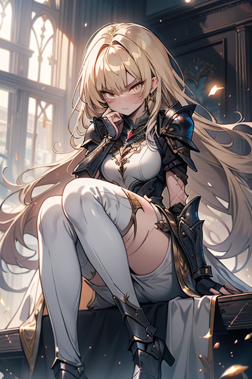 blonde, golden eyes, angry look, long hair, desert knight, hates magic, candys a long elegant white tunic, armor on her hands, legs and arms, gray and white dress, appearance of a warrior, strong woman, scars all over the body, golden eyes, perfect face, very good quality, masterpiece, excellent quality.
