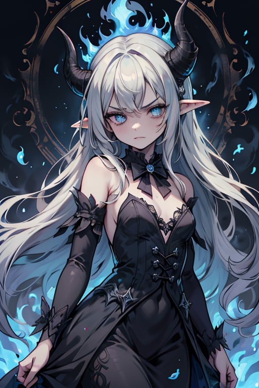 white hair, deep blue eyes, aura of dark power, the most powerful being in the world, queen of darkness, lost look, pointed ears drooping pointing downwards, black dress with blue edges, killer of gods, the one who killed Lucifer, incarnation of the gods dragons, masterpiece, very good quality, excellent quality, perfect face, small breasts, serious face, dazed, calm, kuudere, eyes with blue flames, looking down, as if on top of the world, horns, fake goddess, bare shoulders, gothic, Mullet Bangs, staring, sad expression, blue roses in her hair and her dress,emanates the power of chaos within her,black sclera,black bow tie, domino dresses from the Victorian era.