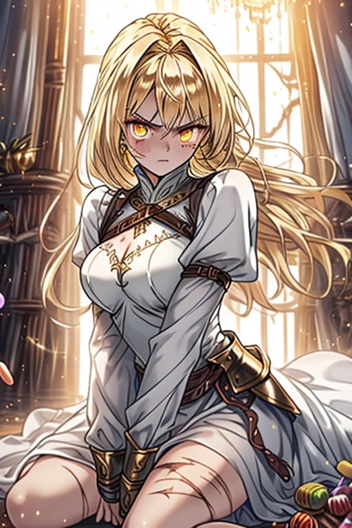 blonde, golden eyes, angry look, long hair, desert knight, hates magic, candys a long elegant white tunic, armor on her hands, legs and arms, gray and white dress, appearance of a warrior, strong woman, scars all over the body, golden eyes, perfect face, very good quality, masterpiece, excellent quality.
