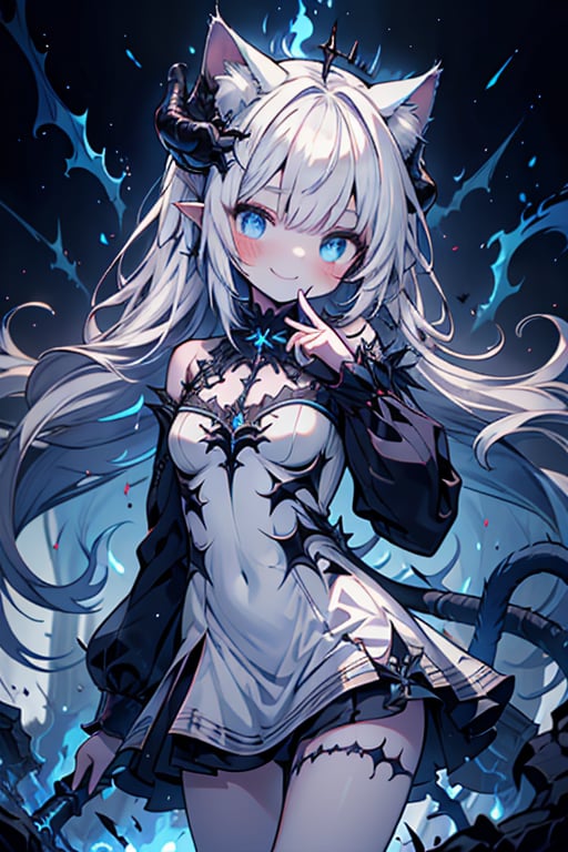 white hair, deep blue eyes, aura of dark power, the primordial of the underworld, goddess of flames, sadist, cat ears, cat tail, white dress with blue edges, right hand of lucifer, primordial goddess, masterpiece, very good quality, excellent quality, perfect face, small breasts, evil smile, self-centered, eyes with blue flames, horns, long sleeve, miniskirt, gothic, long hair, emanates the power of destruction, loli, small woman

