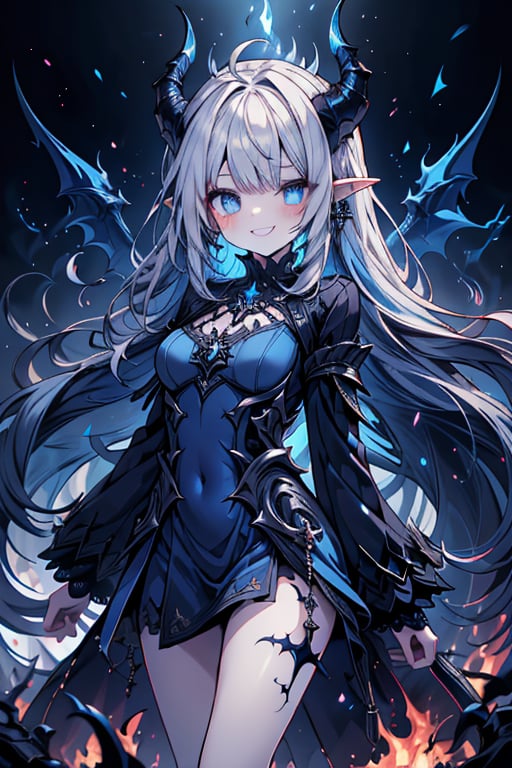 blue hair, deep blue eyes, aura of dark power, the primordial of the underworld, goddess of flames, sadistic, pointed ears, blue dress with white edges, right hand of lucifer, primordial goddess, masterpiece, very good quality, excellent quality , perfect face, small breasts, evil smile, egocentric, eyes with blue flames, horns, long sleeve, miniskirt, gothic, very long hair, emanates the power of destruction, adult, clothes burning with blue fire

