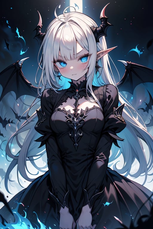 white hair, deep blue eyes, aura of dark power, the most powerful being in the world, the most powerful vampire on earth, queen of darkness, lost look, pointed ears, black dress with blue borders, killer of gods, the one who I finished with Lucifer, incarnation of the dragon gods, masterpiece, very good quality, excellent quality, perfect face,small breasts, serious and arrogant face, quiet, kuudere, eyes with blue flames, looking down, as if she were on top of the world.
