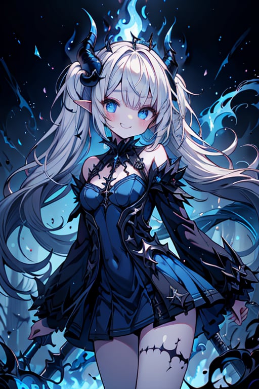 white hair, deep blue eyes, aura of dark power, the primordial of the underworld, goddess of flames, sadistic, pointed ears, blue dress with white edges, right hand of lucifer, primordial goddess, masterpiece, very good quality, excellent quality , perfect face, small breasts, evil smile, egocentric, eyes with blue flames, horns, long sleeve, miniskirt, gothic, two pigtails, emanates the power of destruction, loli, small body, clothes burning with blue fire

