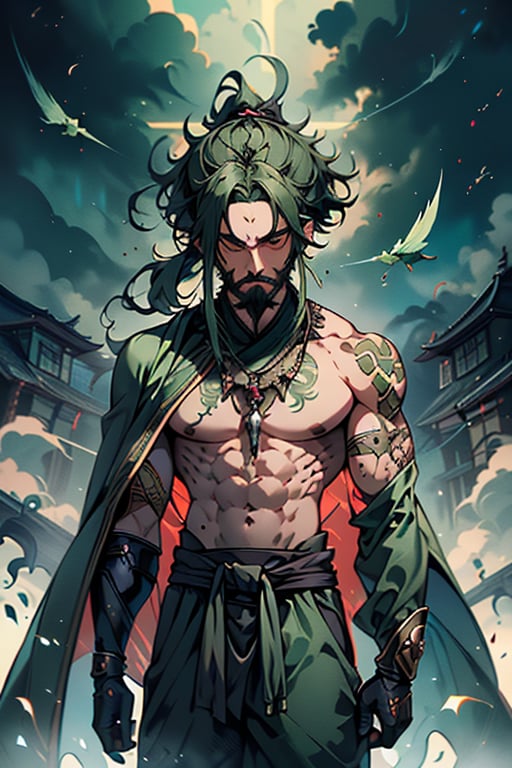 dark green hair, green eyes, hair in a ponytail, Buddhist, man, green robe, wide priest's pants, the strongest creature of all, the one sent by God, the shapeshifter, defined abdomen, masterpiece, perfect face, very good Quality, excellent quality, the warrior of the true gods, serious, monk,1boy, beard



