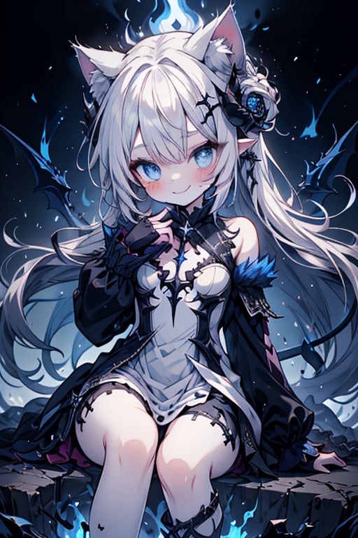 white hair, deep blue eyes, aura of dark power, the primordial of the underworld, goddess of flames, sadist, cat ears, cat tail, white dress with blue edges, right hand of lucifer, primordial goddess, masterpiece, very good quality, excellent quality, perfect face, small breasts, evil smile, self-centered, eyes with blue flames, horns, long sleeve, miniskirt, gothic, long hair, emanates the power of destruction, loli, small woman

