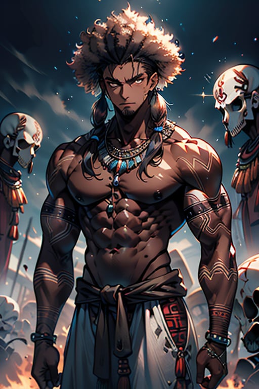 giant, muscular, ugly face, curly hair, black skin, Indian, tribal clothing, Mayan clothing, bone necklace.,dark skin,tan, man, masculine