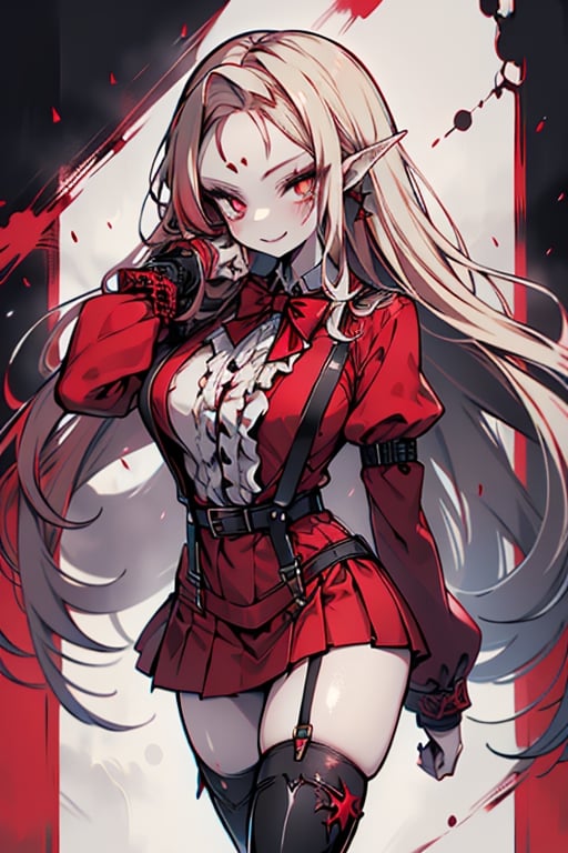 an arrogant woman, blonde, cold-blooded murderer, the final enemy of this world, medium breasts, pointed ears, vampire, eyes red like blood, smiling mischievously, red bowtie scarf, red suit with skirt with black borders, black crosses on his forehead, very pale skin, high_resolution, best quality, extremely detailed, HD, 8K, 1 girl, solo, sexy_figure, hot, 170 cm, tall_girl, LONG HAIR, DIAMOND THROAT, BLACK ASCOT, SEPARATED NECK, CENTER Ruffles, RED DRESS, RED SEPARATED SLEEVES, RED BELT, SKIRT WHITE, RED THIGH BOOTS, RED SUSPENDERS