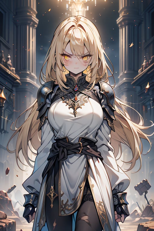 blonde, golden eyes, angry look, long hair, desert knight, hates magic, candys a long elegant white tunic, armor on her hands, legs and arms, gray and white dress, appearance of a warrior, strong woman, scars all over the body, golden eyes, perfect face, very good quality, masterpiece, excellent quality,yellow eyes,blonde hair, black pantyhose
