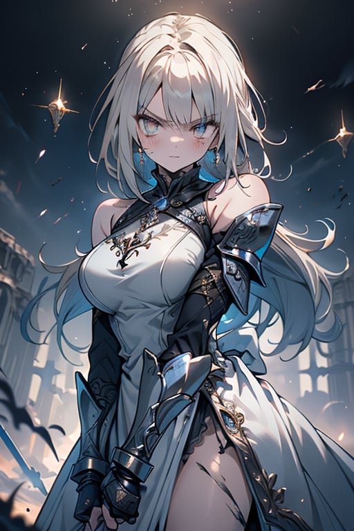 blonde, golden eyes, angry look, long hair, desert knight, hates magic, silver sword that reflects a blue color that traps magic, genius, white dress that reaches to her thighs, armor on her hands, legs and arms,gray and white dress, Look of a warrior, warrior, strong woman, black metal parts, magic metal shoulder pads, scars all over her body.