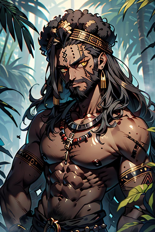 giant, muscular, ugly face, curly hair, black skin, Latin American, tribal clothing, Mayan clothing, bone necklace, dark skin, tan, man, male, thick, golden eyes, yellow eyes, homeless, unfortunate, long beard dirty, skinny, malnourished, haggard face, crazy, jungle, tribal, aztec



