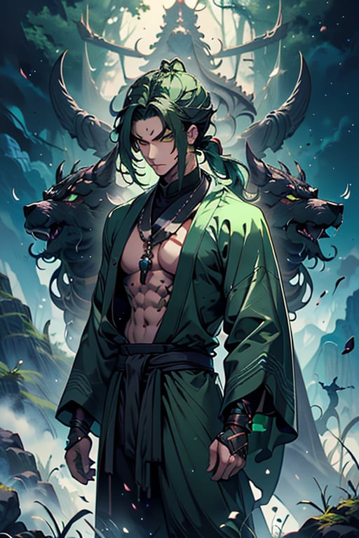 dark green hair, green eyes, hair in a ponytail, Buddhist, man, green robe, wide priest's pants, the strongest creature of all, the one sent by God, the shapeshifter, defined abdomen, masterpiece, perfect face, very good Quality, excellent quality, the warrior of the true gods, serious, monk
