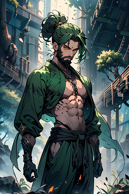 dark green hair, green eyes, hair in a ponytail, Buddhist, man, green robe, wide priest's pants, the strongest creature of all, the one sent by God, the shapeshifter, defined abdomen, masterpiece, perfect face, very good Quality, excellent quality, the warrior of the true gods, serious, monk,1boy, beard
