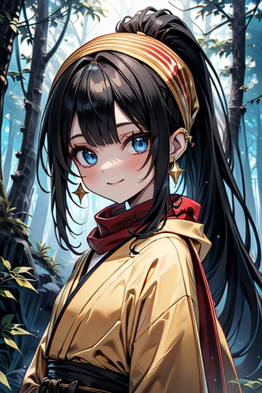 black hair, blue eyes, yellow Kimono
 outfit with black edges, a red scarf with gold stripes, the edges have small golden touches, friendly face, a black spandex that covers her entire body, headscarf, killer, happy smile , bangs, in the forest at night, masterpiece, star earrings, detailed, high quality, absurd, the strongest human of all, bringer of the world's hope, hair in ponytail,black lycra, masterpiece, excellent quality, excellent quality, perfect face.

