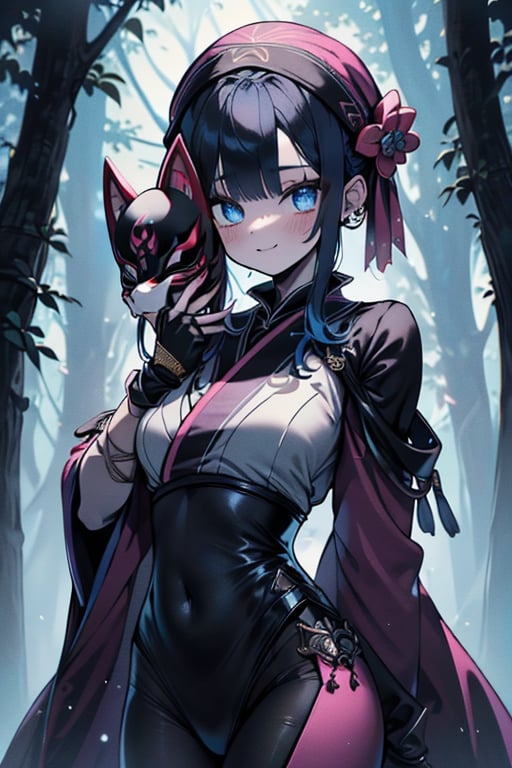 dark blue hair,  blue eyes,  pink kimono outfit with black edges by Endelot on Tensor.Art