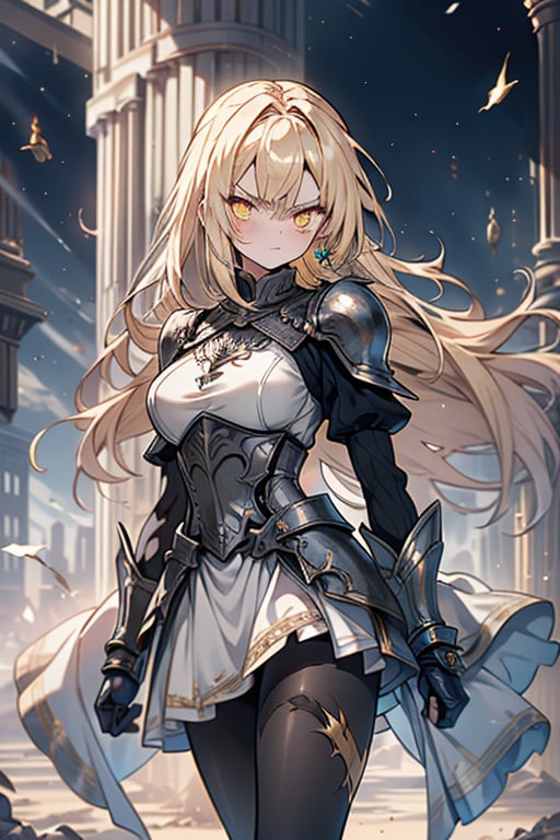 blonde, golden eyes, angry look, long hair, desert knight, hates magic, candys a long elegant white tunic, armor on her hands, legs and arms, gray and white dress, appearance of a warrior, strong woman, scars all over the body, golden eyes, perfect face, very good quality, masterpiece, excellent quality,yellow eyes,blonde hair, black pantyhose
