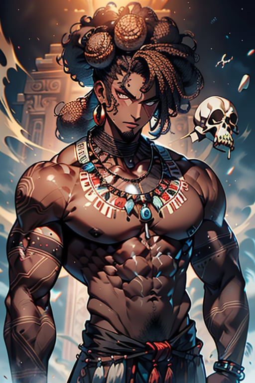 giant, muscular, ugly face, curly hair, black skin, Indian, tribal clothing, Mayan clothing, bone necklace.,dark skin,tan, man, masculine