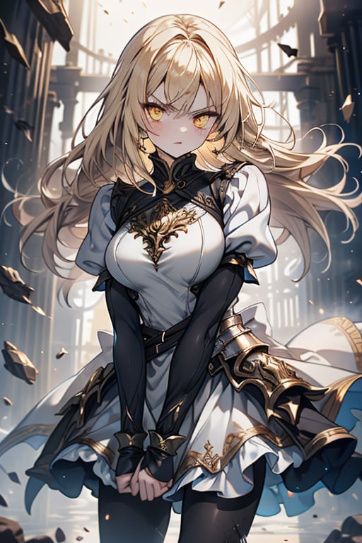 blonde, golden eyes, angry look, long hair, desert knight, hates magic, candys a long elegant white tunic, armor on her hands, legs and arms, gray and white dress, appearance of a warrior, strong woman, scars all over the body, golden eyes, perfect face, very good quality, masterpiece, excellent quality,yellow eyes,blonde hair, black pantyhose
