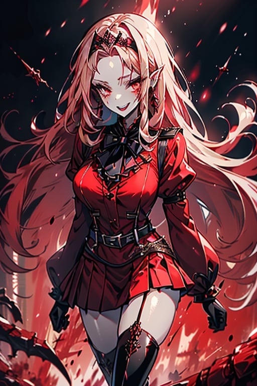 an arrogant woman, blonde, cold-blooded murderer, the final enemy of this world, medium breasts, pointed ears, vampire, eyes red like blood, smiling mischievously, red bowtie scarf, red suit with skirt with black borders, black crosses on his forehead, very pale skin, high_resolution, best quality, extremely detailed, HD, 8K, 1 girl, solo, sexy_figure, hot, 170 cm, tall_girl, LONG HAIR, DIAMOND THROAT, BLACK ASCOT, SEPARATED NECK, CENTER Ruffles, RED DRESS, RED SEPARATED SLEEVES, RED BELT, SKIRT WHITE, RED THIGH BOOTS, RED SUSPENDERS.TIARA,She represents death, the false goddess of putrefaction.

