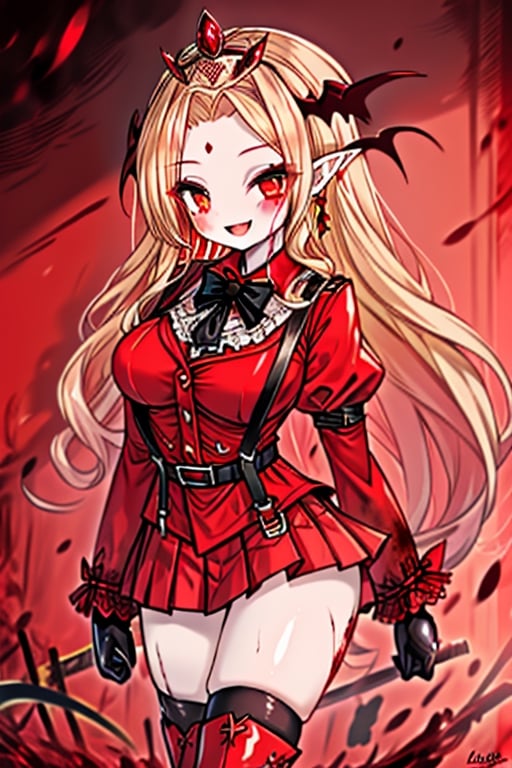 an arrogant woman, blonde, cold-blooded murderer, the final enemy of this world, medium breasts, pointed ears, vampire, eyes red like blood, smiling mischievously, red bowtie scarf, red suit with skirt with black borders, black crosses on his forehead, very pale skin, high_resolution, best quality, extremely detailed, HD, 8K, 1 girl, solo, sexy_figure, hot, 170 cm, tall_girl, LONG HAIR, DIAMOND THROAT, BLACK ASCOT, SEPARATED NECK, CENTER Ruffles, RED DRESS, RED SEPARATED SLEEVES, RED BELT, SKIRT WHITE, RED THIGH BOOTS, RED SUSPENDERS.TIARA,She represents death, the false goddess of putrefaction.

