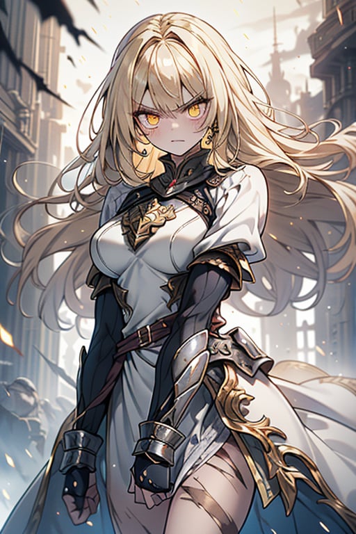 blonde, golden eyes, angry look, long hair, desert knight, hates magic, candys a long elegant white tunic, armor on her hands, legs and arms, gray and white dress, appearance of a warrior, strong woman, scars all over the body, golden eyes, perfect face, very good quality, masterpiece, excellent quality.,yellow eyes,blonde hair