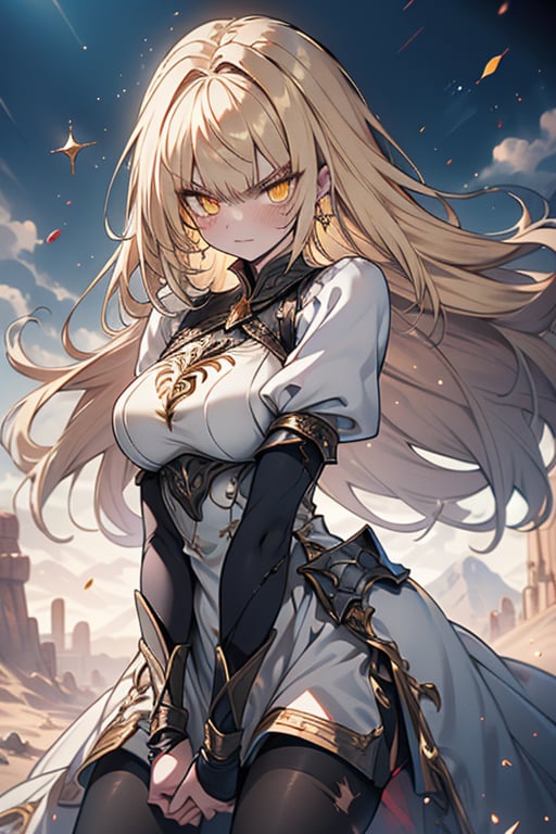 blonde, golden eyes, angry look, long hair, desert knight, hates magic, candys a long elegant white tunic, armor on her hands, legs and arms, gray and white dress, appearance of a warrior, strong woman, scars all over the body, golden eyes, perfect face, very good quality, masterpiece, excellent quality,yellow eyes,blonde hair, black pantyhose
