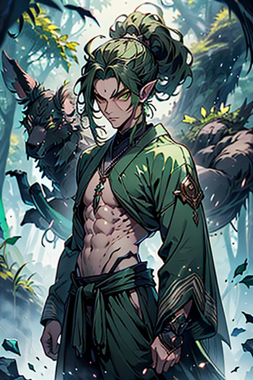 dark green hair, green eyes, hair in ponytail, Buddhist, man, green robe, wide priest's pants, the strongest creature of all, the one sent by God, the shapeshifter, long ears, defined abdomen, masterpiece, face perfect, very good quality, excellent quality, the warrior of the true gods, serious.
