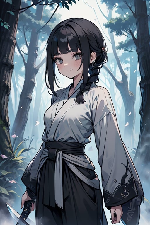 kind woman, black hair, medium hair, hair in braid down to her back, a single braid, dirty clothes, warrior, beast tamer, the killer of gods, black eyes, old clothes, alone, forest, kind smile, innocent, breasts small, tall woman, amazon, samurai, gray kimono jacket ideal for combat, wide pants, happy, friendly, good person, katanas sheathed at her waist, masterpiece, good quality, swords well positioned at her waist, good hands, aquamarine belt.



,hinata(boruto)